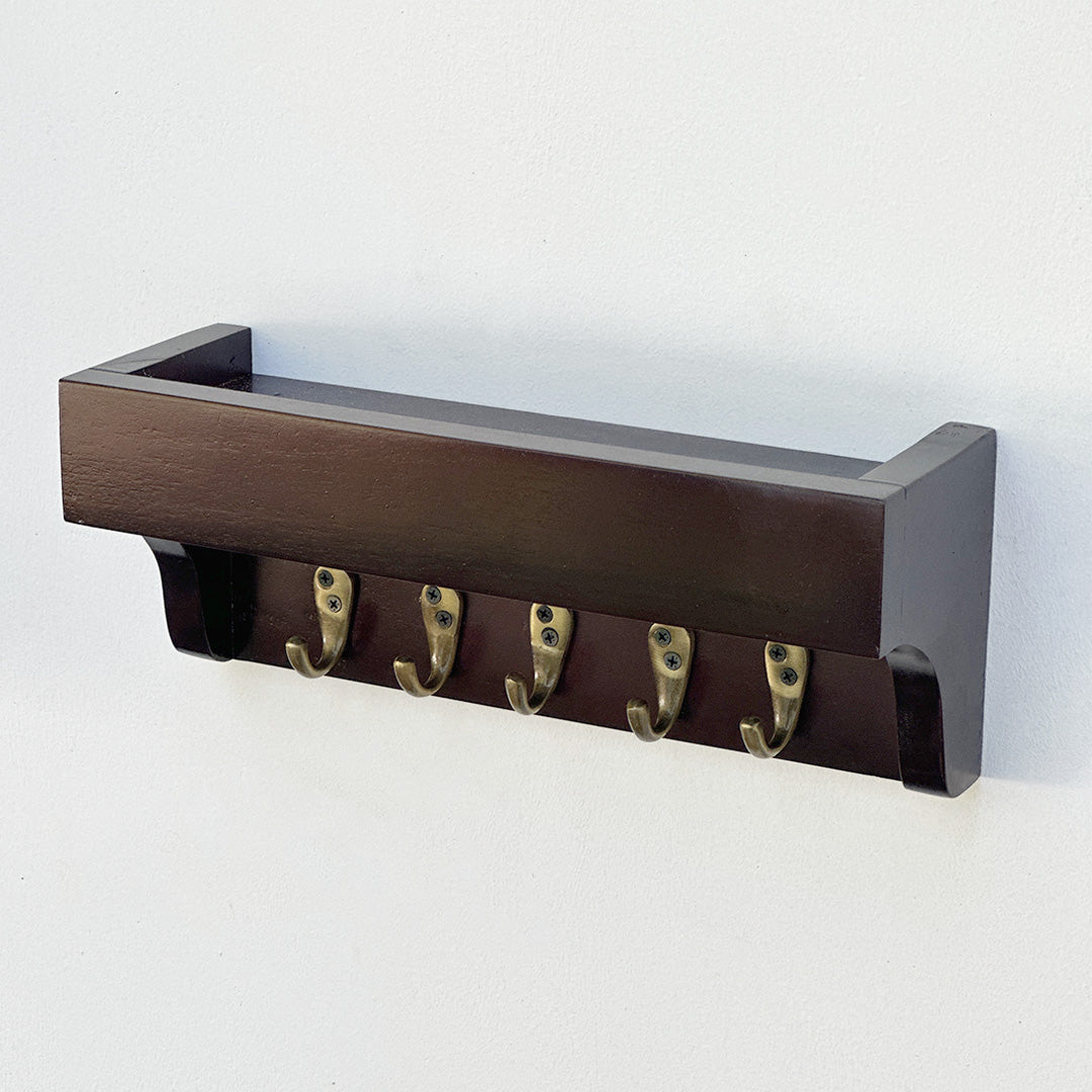 Wooden Key holder 5 antique brass finish hooks 