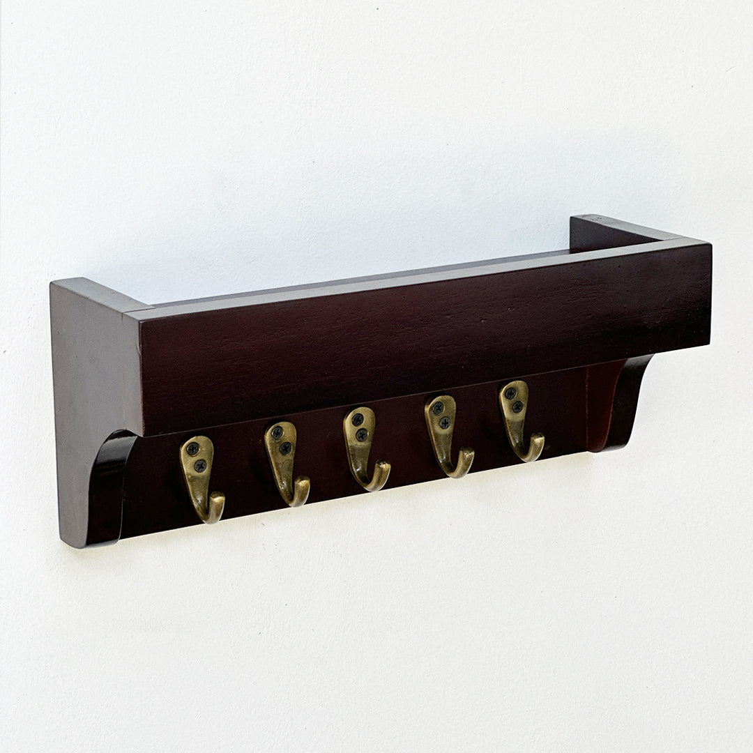 Wooden Key holder 5 antique brass finish hooks 