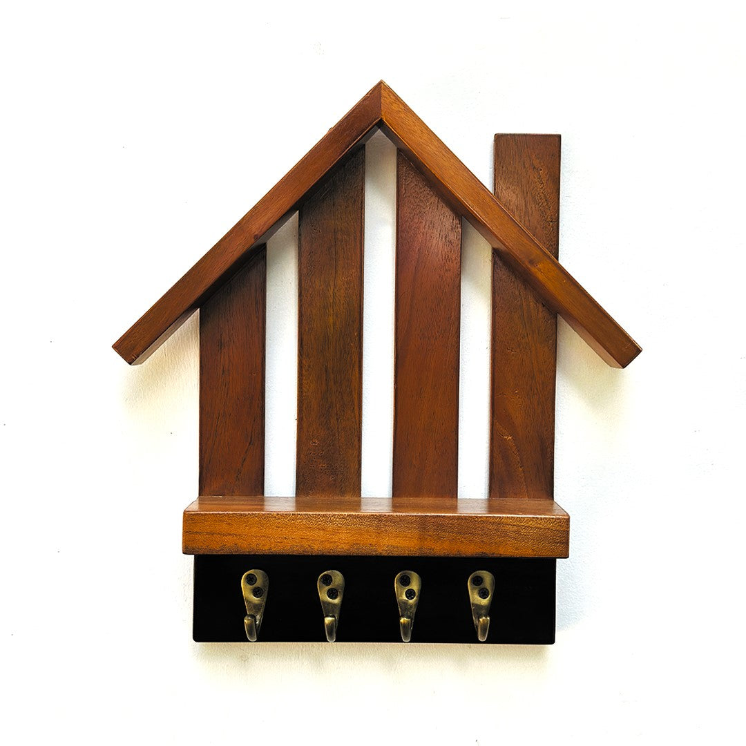 Wooden Key holder with shelf and 4 antique brass finish hooks