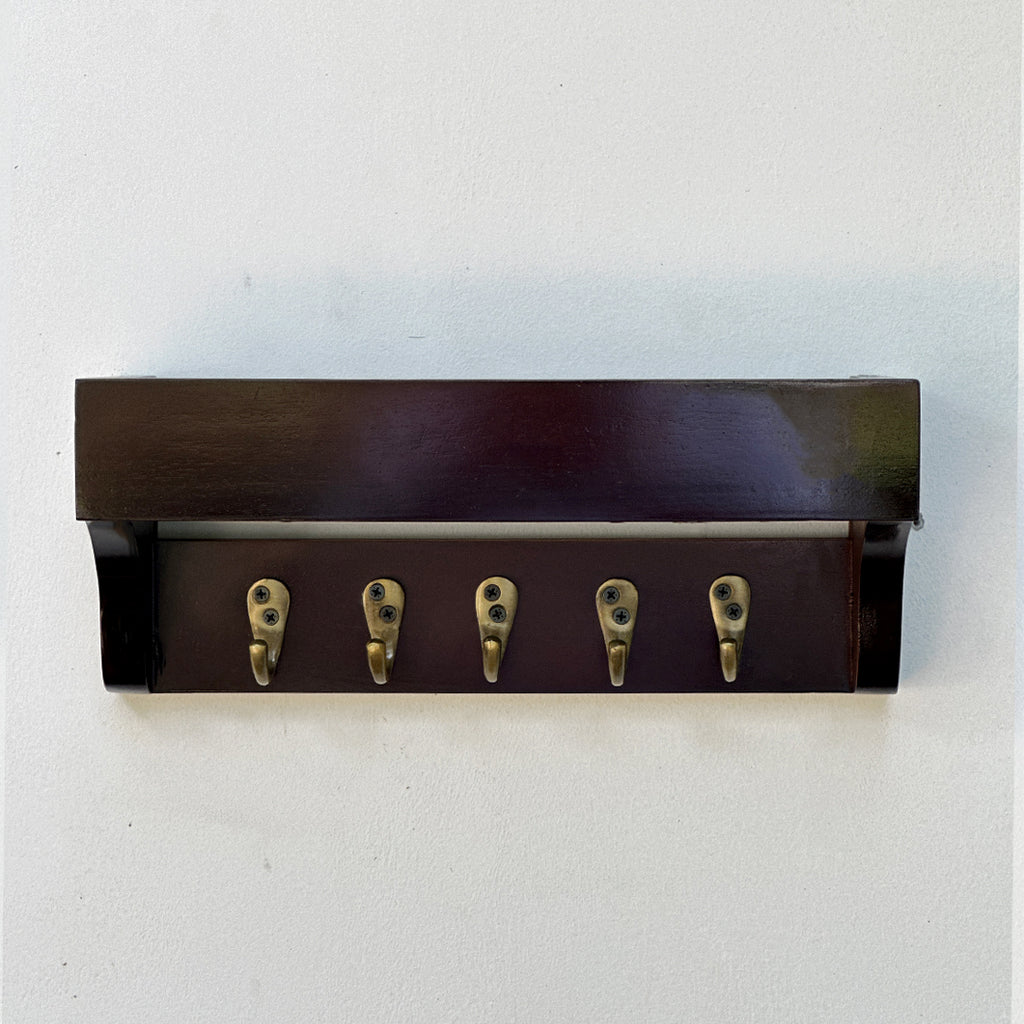 Wooden Key holder 5 antique brass finish hooks 