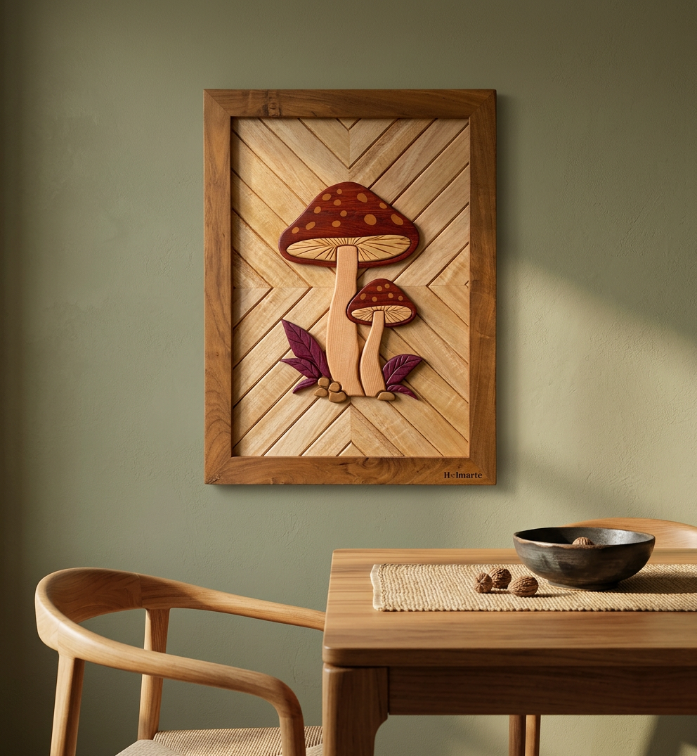 Handmade Wooden Mushroom Wall Art | Natural Wood Intarsia Wall Decor