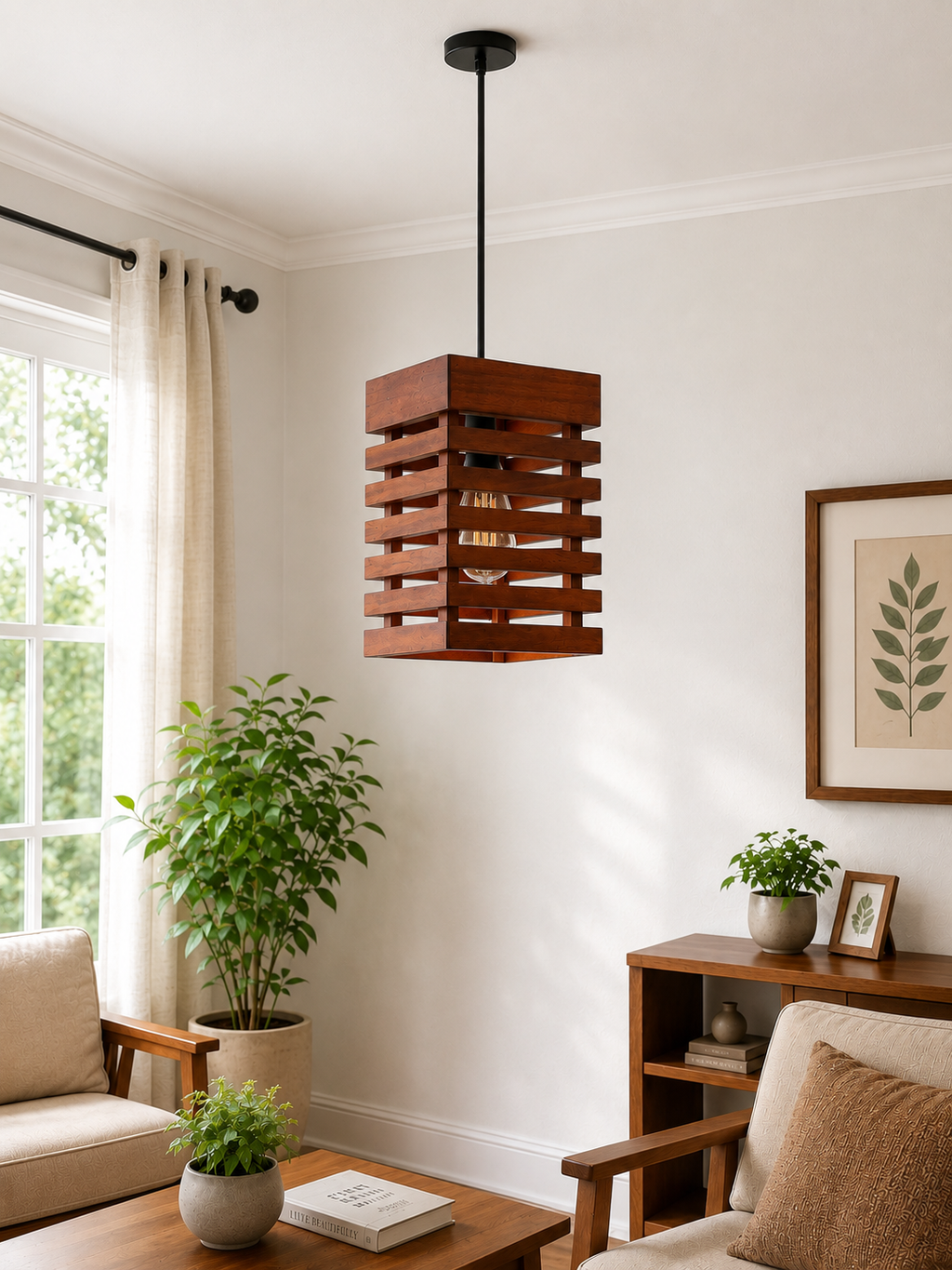 Handcrafted Slatted Wooden Pendant Light | Modern Ceiling Hanging Lamp